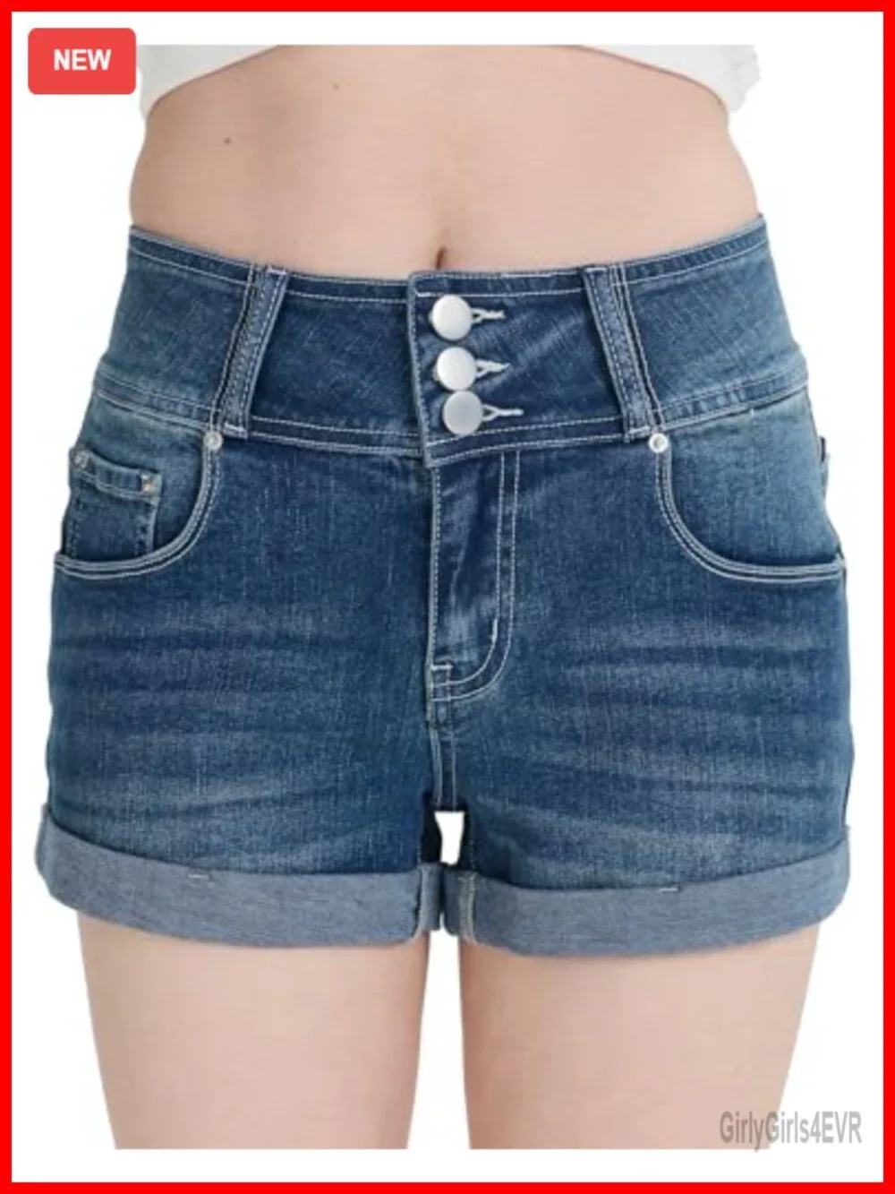 High Waisted Cuffed Denim Shorts Triple Button Fly Vintage Wash High Stretch